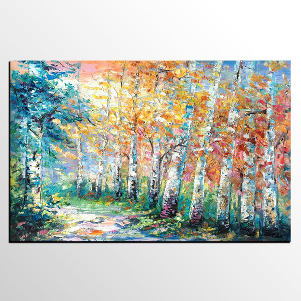 Landscape Painting, Canvas Painting, Birch Tree, Custom Large Abstract Art, Heavy Texture Art