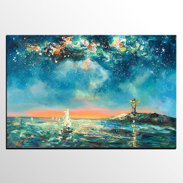Canvas Painting, Abstract Art, Starry Night Light House Painting, Custom Landscape Wall Art, Original Painting-artworkcanvas