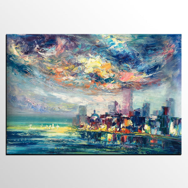 Cityscape Painting, Oil Painting on Canvas, Custom Landscape Canvas Painting, Heavy Texture Wall Art Paintings