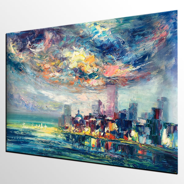 Cityscape Painting, Oil Painting on Canvas, Custom Landscape Canvas Painting, Heavy Texture Wall Art Paintings