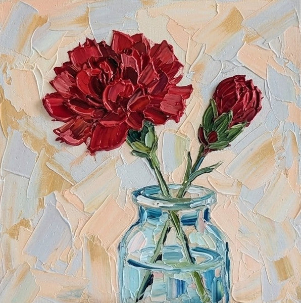 Small Canvas Artwork, Hand Painted Canvas Art, Red Carnations in Glass Vase, Still Life Painting, Original Acrylic Flower Paintings, Impasto Artwork