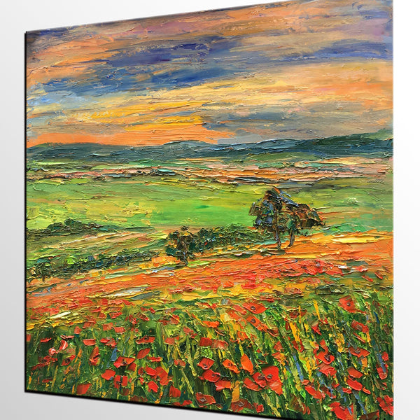 Landscape Painting on Canvas, Flower Field Painting, Heavy Texture Paintings, Custom Original Oil Painting, Living Room Wall Art Paintings