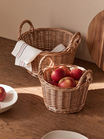 Large Picnic Fruit Basket with Handle, Natural Hand-woven Wicker Round Storage Basket, Lovely Willow Weaving Baskets for Vegetable, Natural Fruit Storage Basket, Kitchen Storage Baskets-artworkcanvas