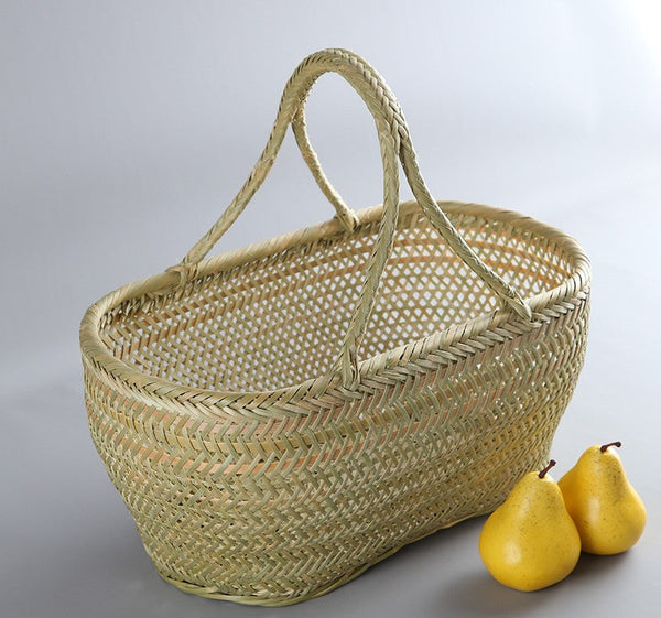 Natural Fruit Basket Kitchen Storage Baskets, Lovely Bamboo Baskets for Vegetable, Picnic Food Basket with Handle, Large Natural Hand-woven Bamboo Basket-artworkcanvas