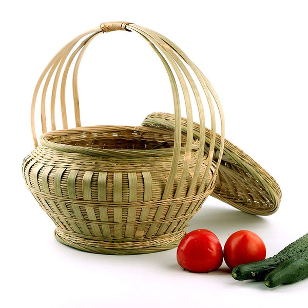 Picnic Food Basket with Handle, Large Natural Hand-woven Bamboo Basket, Natural Fruit Basket Lovely Bamboo Baskets for Vegetable, Kitchen Storage Baskets-artworkcanvas