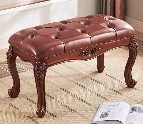 Dressing Table Stool, Rubber Wood Footstool, Vintage Chestnut Brown Leather Stool, Genuine Leather Solid Wood Entry Bench, Farmhouse Entryway Bench, Leather Lounge Chair Modern-artworkcanvas