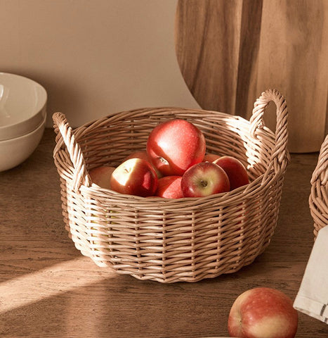 Picnic Fruit Basket with Handle, Kitchen Storage Baskets, Natural Hand-woven Wicker Round Storage Basket, Lovely Willow Weaving Baskets for Vegetable, Natural Fruit Storage Basket-artworkcanvas