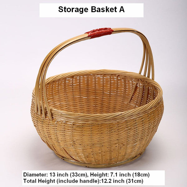 Natural Hand-woven Bamboo Basket, Natural Fruit Basket Kitchen Storage Baskets, Extra Large Picnic Food Basket with Handle, Lovely Bamboo Baskets for Vegetable-artworkcanvas