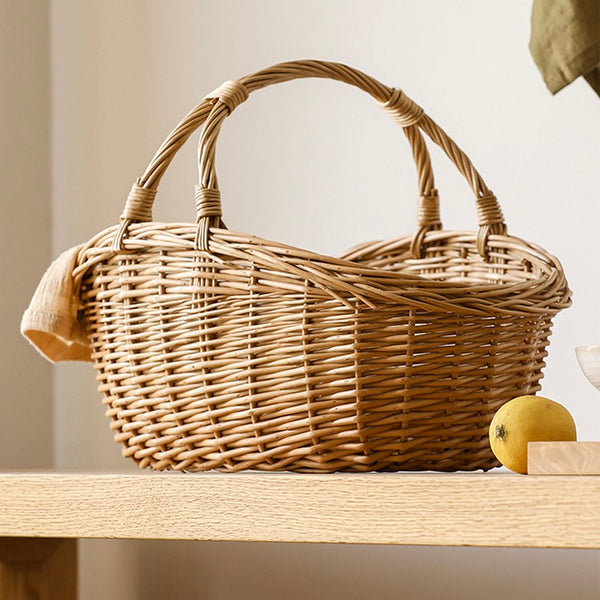 Large Kitchen Storage Baskets, Picnic Storage Basket with Handle, Hand-woven Wicker Storage Basket, Willow Weaving Baskets for Vegetable, Natural Fruit Basket-artworkcanvas