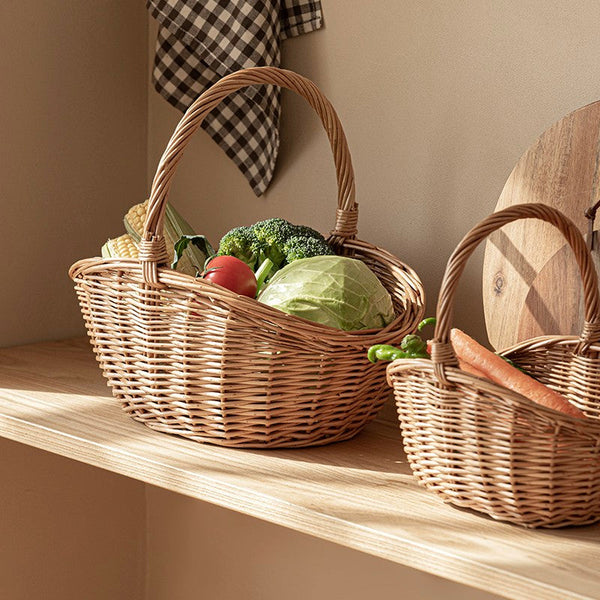 Natural Hand-woven Wicker Storage Basket, Large Picnic Food Basket with Handle, Lovely Willow Weaving Baskets for Vegetable, Natural Fruit Basket, Kitchen Storage Baskets-artworkcanvas