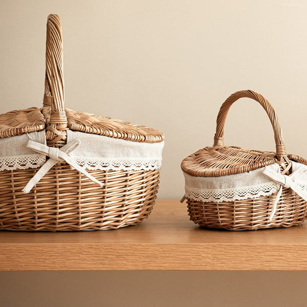 Picnic Storage Basket with Handle, Extra Large Kitchen Storage Baskets, Natural Hand-woven Wicker Storage Basket, Lovely Willow Weaving Baskets for Vegetable, Natural Fruit Storage Baskets