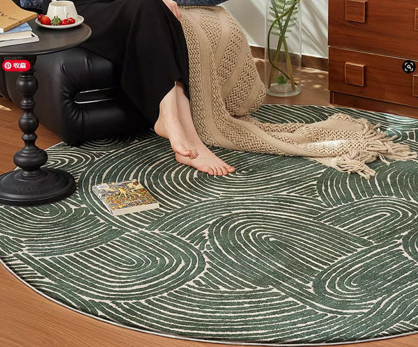 Green Contemporary Modern Rugs, Geometric Round Rugs for Dining Room, Mid Century Round Modern Rugs under Chairs, Bedroom Abstract Modern Area Rugs