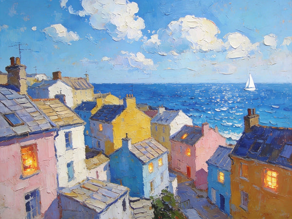 Seaside Township Serene Panorama, Small Landscape Paintings, Landscape Wall Art for Dining Room, Hand Painted Canvas Art, Original Oil Paintings-artworkcanvas