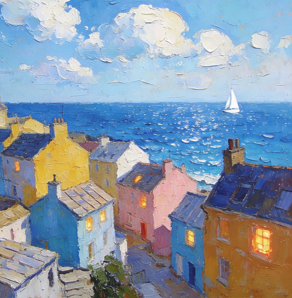 Seaside Township Serene Panorama, Small Landscape Paintings, Landscape Wall Art for Dining Room, Hand Painted Canvas Art, Original Oil Paintings-artworkcanvas