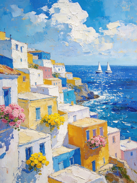 Coatal Village Serenity, Seashore Paintings, Original Artwork, Small Oil Paintings, Hand Painted Canvas Wall Art, Heavy Texture Artwork, Small Canvas Paintings-artworkcanvas