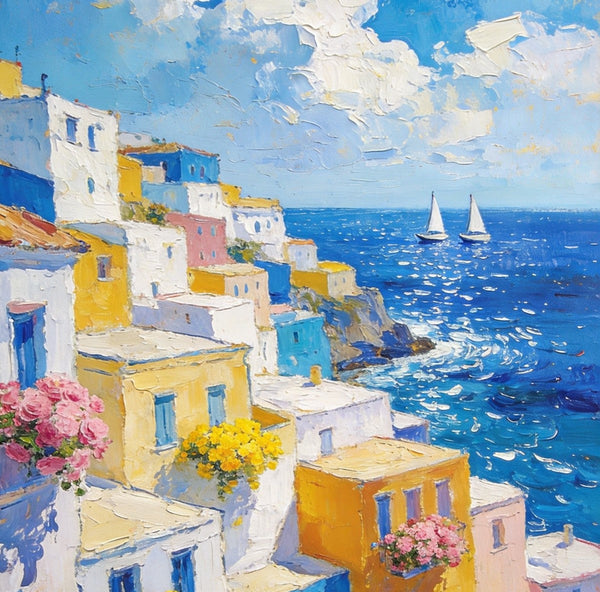 Coatal Village Serenity, Seashore Paintings, Original Artwork, Small Oil Paintings, Hand Painted Canvas Wall Art, Heavy Texture Artwork, Small Canvas Paintings-artworkcanvas