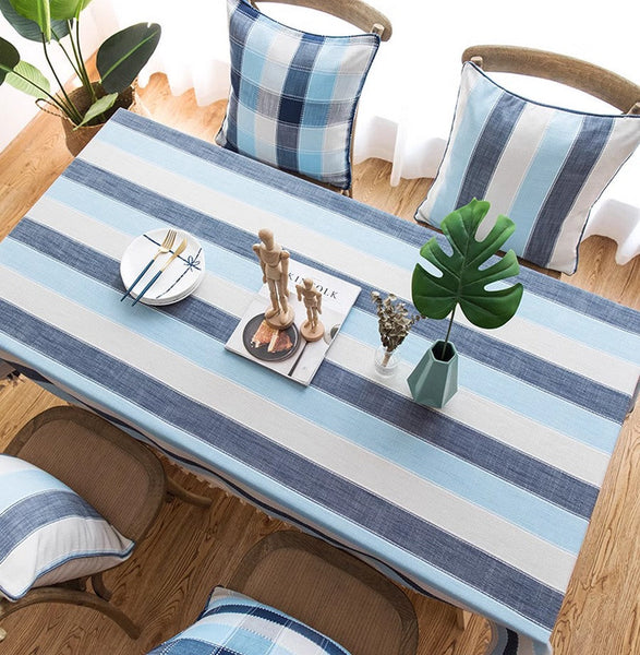 Rectangular Table Covers for Coffee Table, Blue Stripe Rectangular Tablecloth for Oval Table, Cotton and Linen Tablecloths, Modern Table Cloths for Dining Room-artworkcanvas