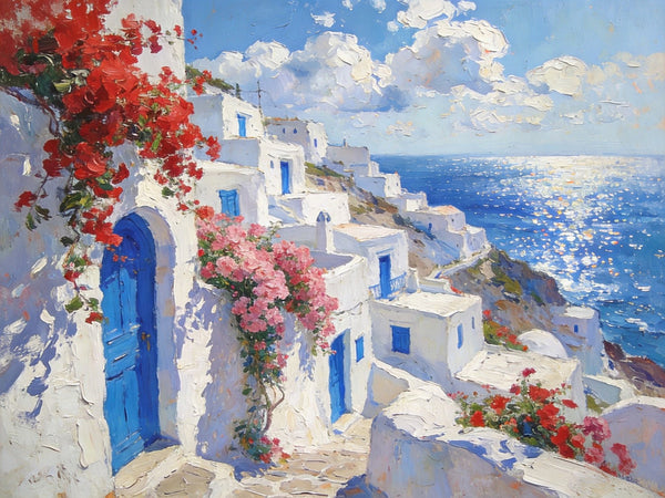 Bougainvillea's Aegean Embrace, Hand Painted Canvas Art, Small Landscape Paintings, Landscape Wall Art for Dining Room, Original Oil Paintings-artworkcanvas