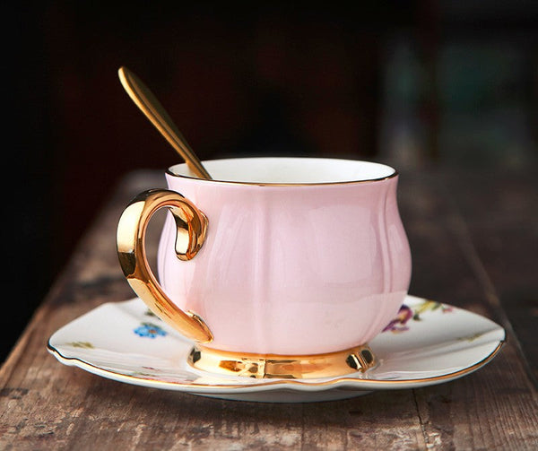 Unique Coffee Cup and Saucer in Gift Box as Birthday Gift, Elegant Pink Ceramic Cups, Beautiful British Tea Cups, Creative Bone China Porcelain Tea Cup Set-artworkcanvas
