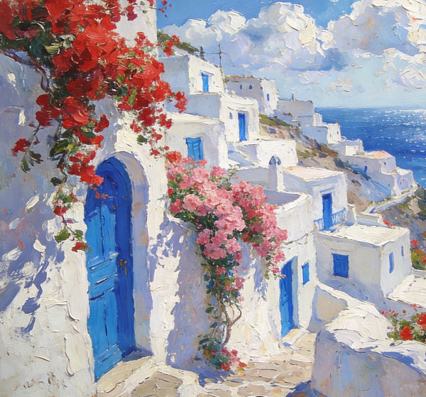 Bougainvillea's Aegean Embrace, Hand Painted Canvas Art, Small Landscape Paintings, Landscape Wall Art for Dining Room, Original Oil Paintings-artworkcanvas