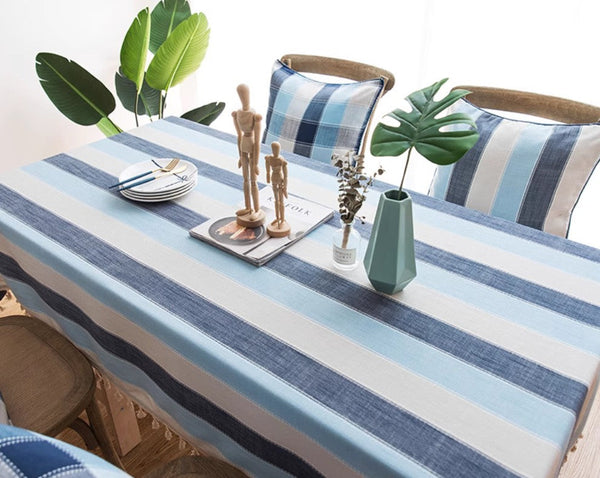 Rectangular Table Covers for Coffee Table, Blue Stripe Rectangular Tablecloth for Oval Table, Cotton and Linen Tablecloths, Modern Table Cloths for Dining Room-artworkcanvas
