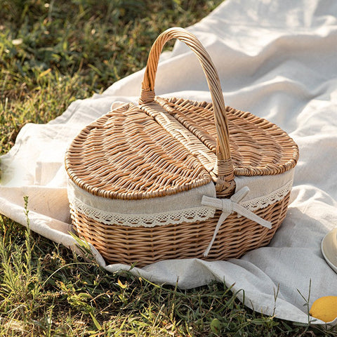 Picnic Storage Basket with Handle, Extra Large Kitchen Storage Baskets, Natural Hand-woven Wicker Storage Basket, Lovely Willow Weaving Baskets for Vegetable, Natural Fruit Storage Baskets