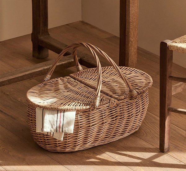 Extra Large Picnic Food Basket with Handle, Kitchen Storage Baskets, Natural Hand-woven Wicker Storage Basket, Lovely Willow Weaving Baskets for Vegetable, Natural Fruit Basket