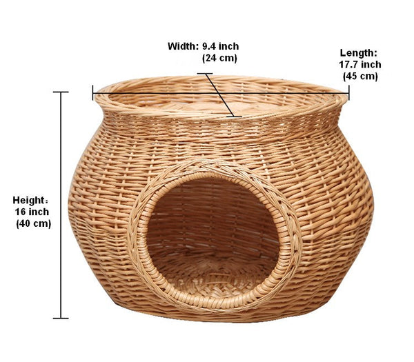 Wicker Cat House Basket with Washable Cushion for Indoor Cats and Dogs, Rattan Cat Bed-artworkcanvas