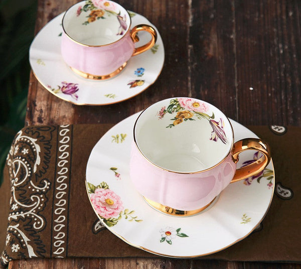 Unique Coffee Cup and Saucer in Gift Box as Birthday Gift, Elegant Pink Ceramic Cups, Beautiful British Tea Cups, Creative Bone China Porcelain Tea Cup Set-artworkcanvas