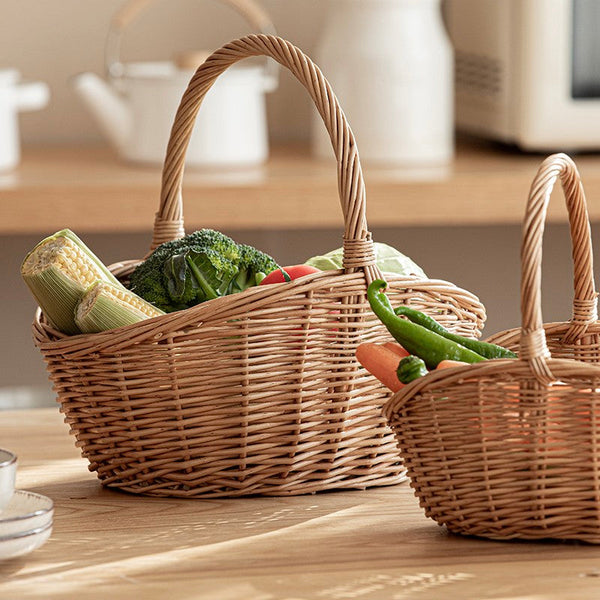 Natural Hand-woven Wicker Storage Basket, Large Picnic Food Basket with Handle, Lovely Willow Weaving Baskets for Vegetable, Natural Fruit Basket, Kitchen Storage Baskets-artworkcanvas