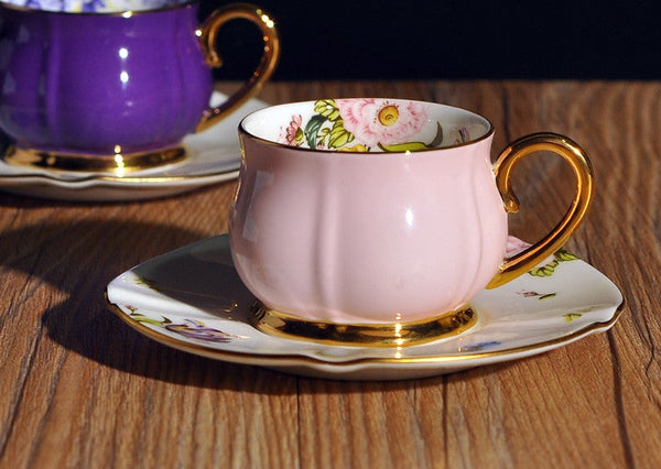 Unique Coffee Cup and Saucer in Gift Box as Birthday Gift, Elegant Pink Ceramic Cups, Beautiful British Tea Cups, Creative Bone China Porcelain Tea Cup Set-artworkcanvas
