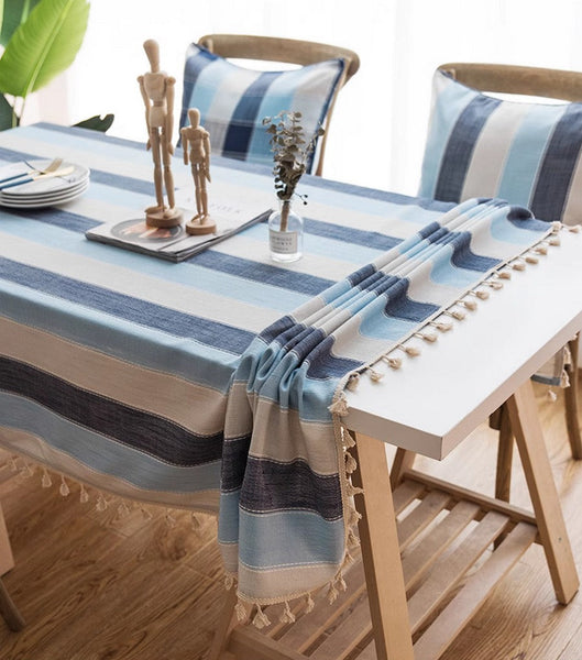 Rectangular Table Covers for Coffee Table, Blue Stripe Rectangular Tablecloth for Oval Table, Cotton and Linen Tablecloths, Modern Table Cloths for Dining Room-artworkcanvas