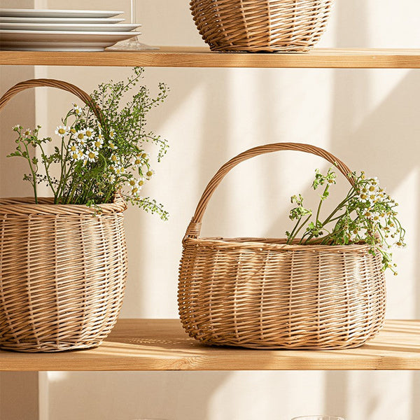Wicker Storage Basket for Kitchen, Hand-woven Picnic Food Basket with Handle, Willow Weaving Baskets for Vegetable, Natural Fruit Basket, Storage Basket for Shelves-artworkcanvas