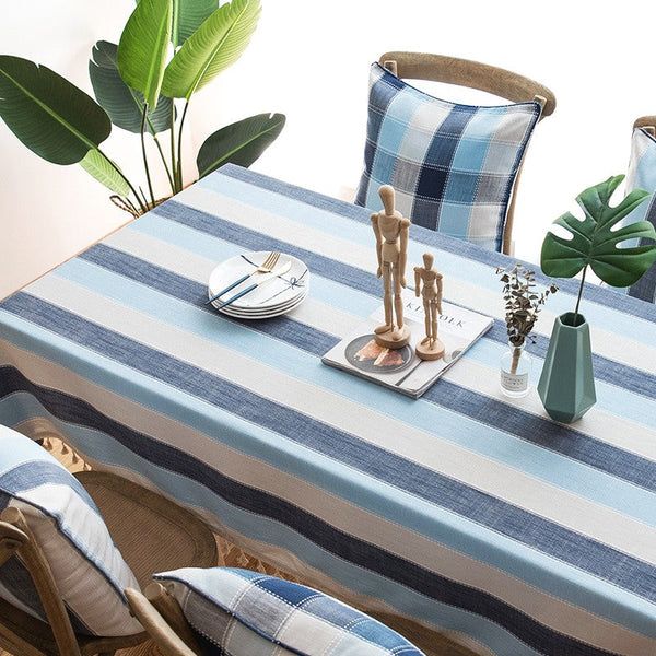 Rectangular Table Covers for Coffee Table, Blue Stripe Rectangular Tablecloth for Oval Table, Cotton and Linen Tablecloths, Modern Table Cloths for Dining Room-artworkcanvas