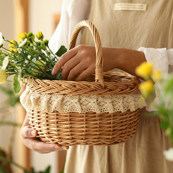 Storage Basket for Shelves, Picnic Storage Basket with Handle, Hand-woven Wicker Storage Basket, Natural Fruit Basket, Willow Weaving Baskets for Kitchen-artworkcanvas