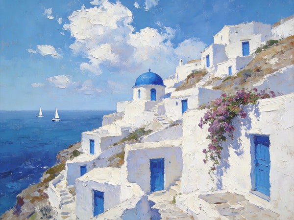 Landscape Wall Art Paintings, Santorini's Seaside Symphony, Hand Painted Canvas Art, Small Original Oil Paintings, Landscape Paintings for Living Room-artworkcanvas
