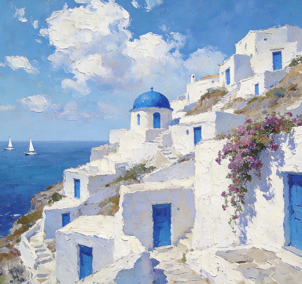 Landscape Wall Art Paintings, Santorini's Seaside Symphony, Hand Painted Canvas Art, Small Original Oil Paintings, Landscape Paintings for Living Room-artworkcanvas