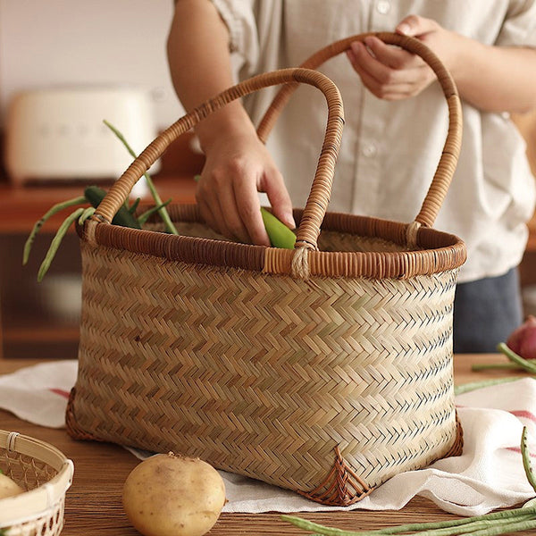 Storage Basket with Handle, Large Kitchen Storage Baskets, Natural Hand-woven Bamboo Storage Basket, Lovely Bamboo Weaving Baskets for Vegetable, Picnic Fruit Storage Baskets-artworkcanvas