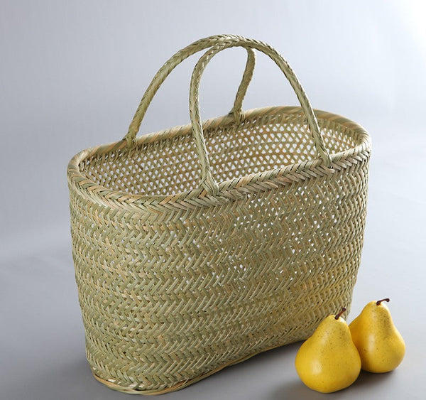 Natural Fruit Basket Kitchen Storage Baskets, Lovely Bamboo Baskets for Vegetable, Picnic Food Basket with Handle, Large Natural Hand-woven Bamboo Basket-artworkcanvas