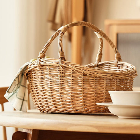 Large Kitchen Storage Baskets, Picnic Storage Basket with Handle, Hand-woven Wicker Storage Basket, Willow Weaving Baskets for Vegetable, Natural Fruit Basket
