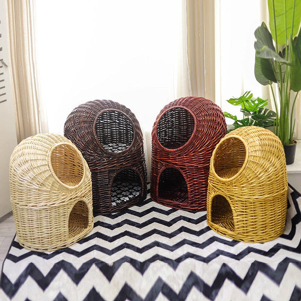 Large Double-Layer Cat Bed, Wicker Cat House Basket with Washable Cushion for Indoor Cats and Dogs-artworkcanvas