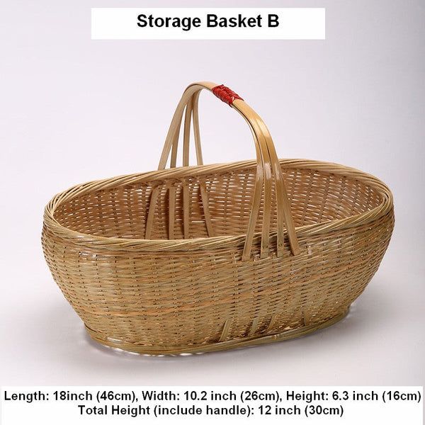 Natural Hand-woven Bamboo Basket, Extra Large Picnic Food Basket with Handle, Lovely Bamboo Baskets for Vegetable, Natural Fruit Basket Kitchen Storage Baskets-artworkcanvas