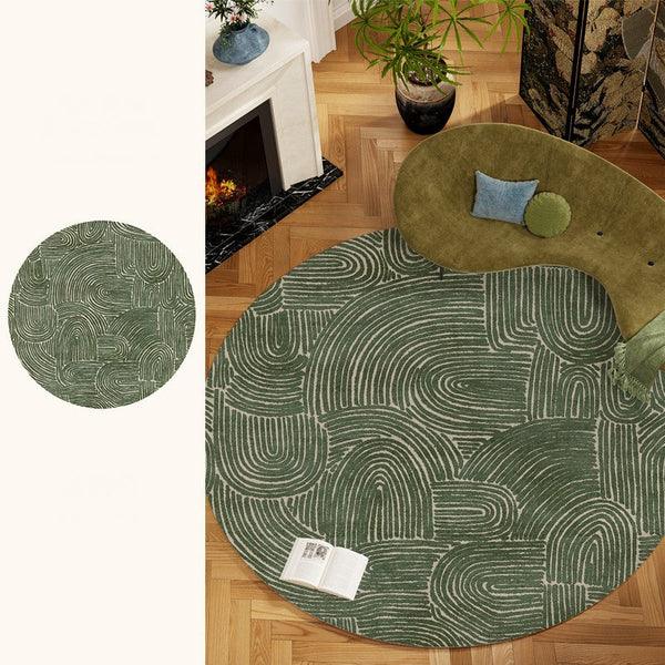 Green Contemporary Modern Rugs, Geometric Round Rugs for Dining Room, Mid Century Round Modern Rugs under Chairs, Bedroom Abstract Modern Area Rugs-artworkcanvas