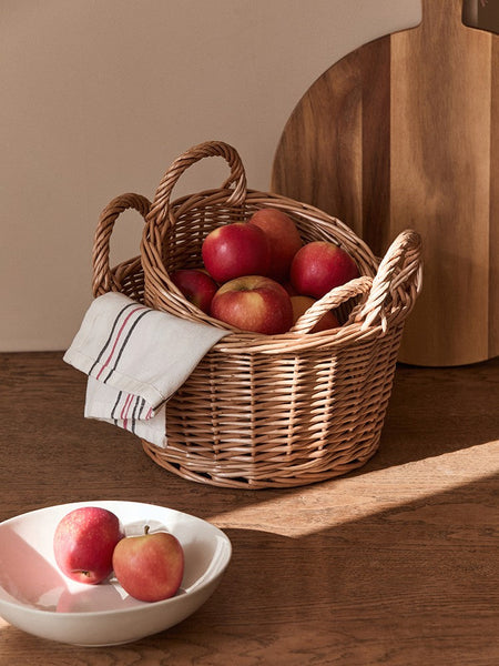 Large Picnic Fruit Basket with Handle, Natural Hand-woven Wicker Round Storage Basket, Lovely Willow Weaving Baskets for Vegetable, Natural Fruit Storage Basket, Kitchen Storage Baskets-artworkcanvas
