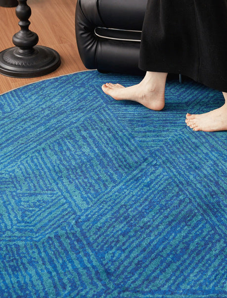 Geometric Round Rugs for Dining Room, Blue Contemporary Modern Rugs, Mid Century Round Modern Rugs under Chairs, Bedroom Abstract Modern Area Rugs