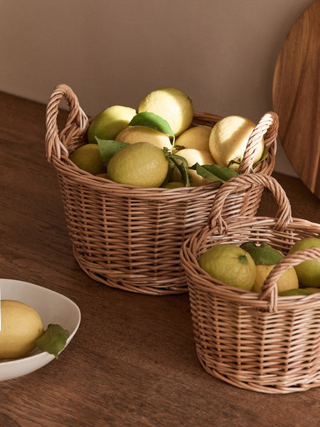 Large Picnic Fruit Basket with Handle, Natural Hand-woven Wicker Round Storage Basket, Lovely Willow Weaving Baskets for Vegetable, Natural Fruit Storage Basket, Kitchen Storage Baskets-artworkcanvas