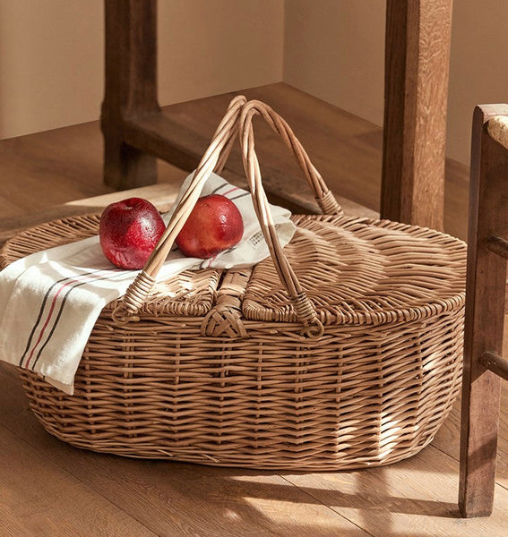 Extra Large Picnic Food Basket with Handle, Kitchen Storage Baskets, Natural Hand-woven Wicker Storage Basket, Lovely Willow Weaving Baskets for Vegetable, Natural Fruit Basket