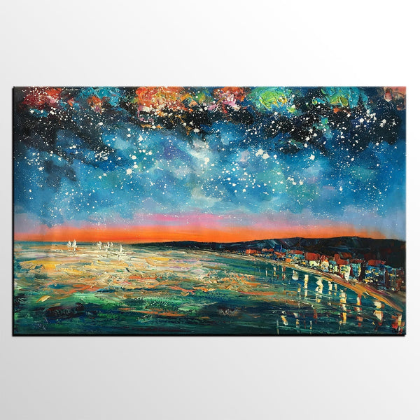 Landscape Painting, Starry Night Oil Painting, Original Wall Art, Custom Large Canvas Art