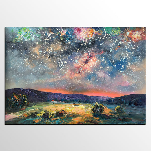Abstract Landscape Painting, Starry Night Sky Painting, Heavy Texture Painting, Impasto Painting, Custom Wall Art Paintings for Living Room