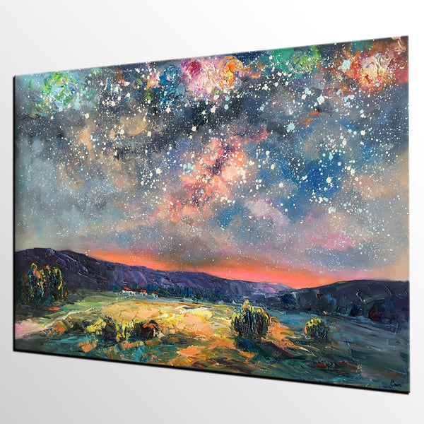 Abstract Landscape Painting, Starry Night Sky Painting, Heavy Texture Painting, Impasto Painting, Custom Wall Art Paintings for Living Room